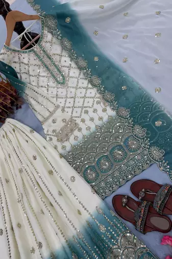 White And teal Color Embroidery Sequence Work Georgette Salwar Suit