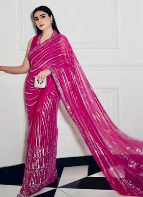 Rani pink georgette sequins thread & dori work saree with unstitched japan satin blouse 2