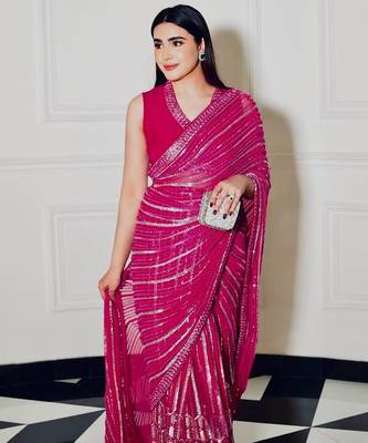 Rani pink georgette sequins thread & dori work saree with unstitched japan satin blouse 3