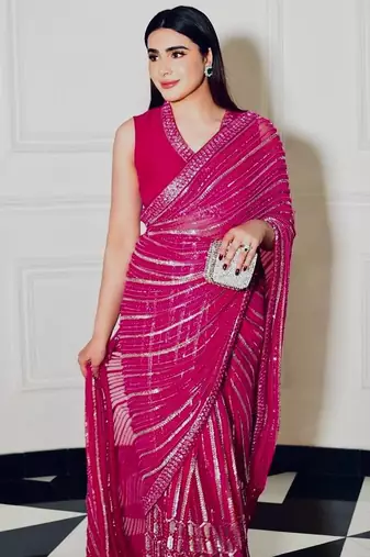 Rani pink georgette sequins thread & dori work saree with unstitched japan satin blouse