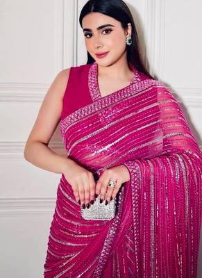 Rani pink georgette sequins thread & dori work saree with unstitched japan satin blouse 4