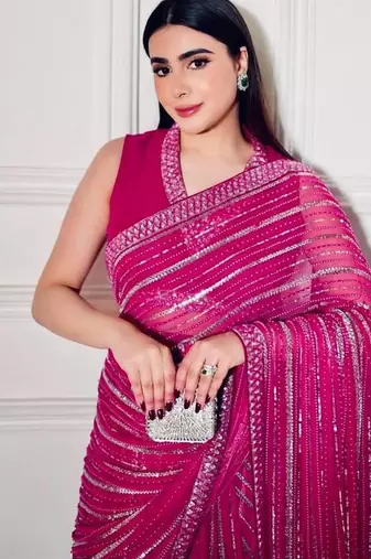 Rani pink georgette sequins thread & dori work saree with unstitched japan satin blouse