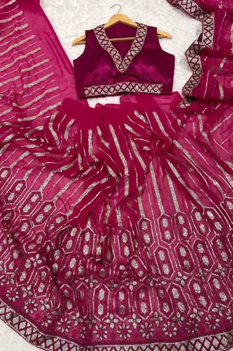 Rani pink georgette sequins thread & dori work saree with unstitched japan satin blouse