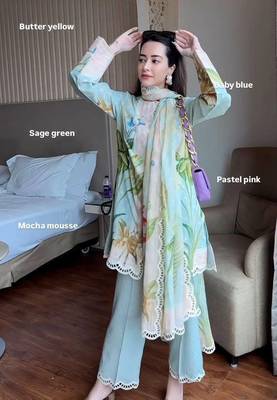 sky blue color digital print cotton kurti palazzo set 1