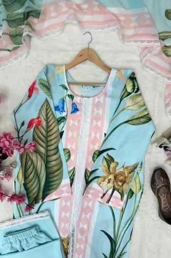 sky blue color digital print cotton kurti palazzo set