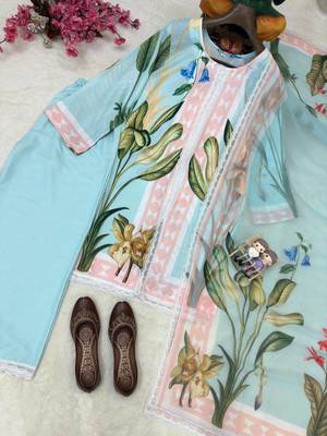sky blue color digital print cotton kurti palazzo set 3