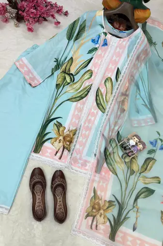 sky blue color digital print cotton kurti palazzo set