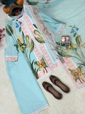 sky blue color digital print cotton kurti palazzo set 4
