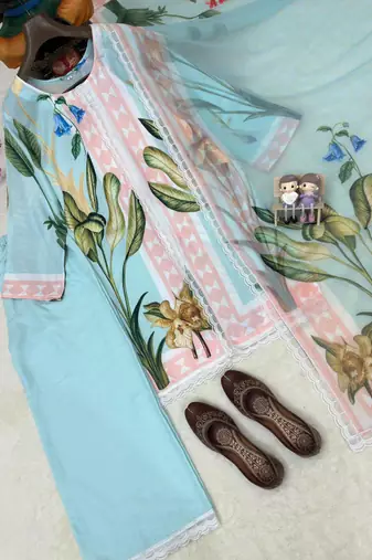 sky blue color digital print cotton kurti palazzo set