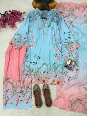 sky blue color digital print cotton kurti palazzo set 4