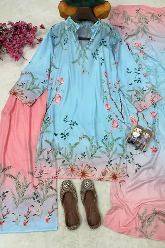 sky blue color digital print cotton kurti palazzo set