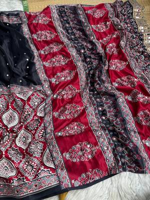 Red Color Ajarak Print And Real Mirror Work Silk Blend Saree 1