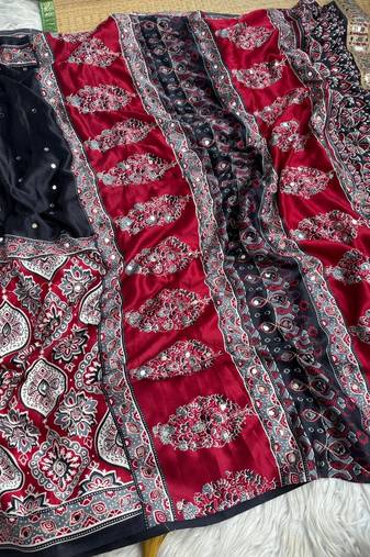Red Ajarak Print And Real Mirror Work Silk Blend Saree