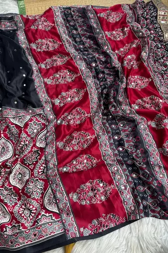Red Color Ajarak Print And Real Mirror Work Silk Blend Saree