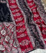 Red Color Ajarak Print And Real Mirror Work Silk Blend Saree