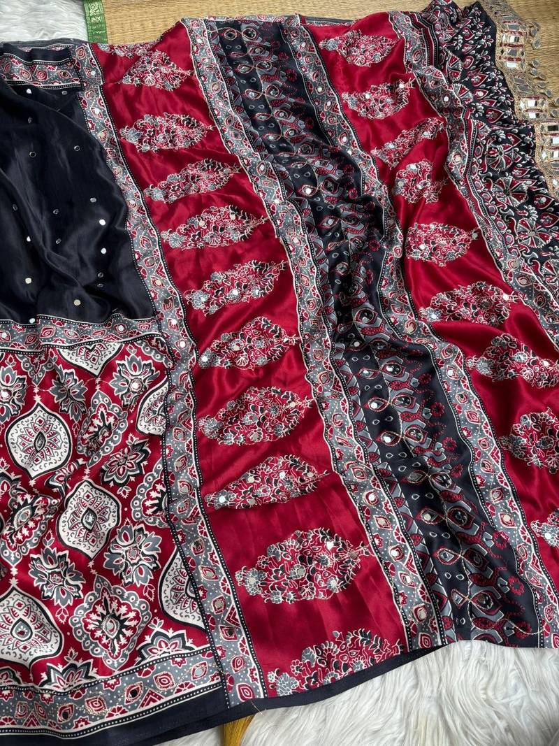 Red Color Ajarak Print And Real Mirror Work Silk Blend Saree