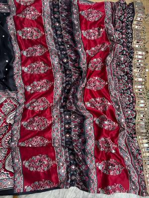 Red Color Ajarak Print And Real Mirror Work Silk Blend Saree 2