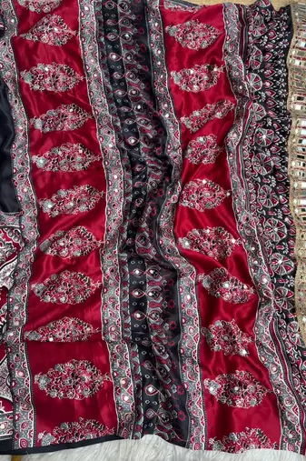 Red Color Ajarak Print And Real Mirror Work Silk Blend Saree