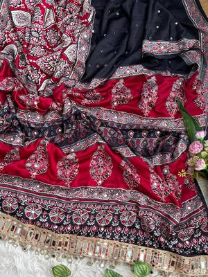 Red Color Ajarak Print And Real Mirror Work Silk Blend Saree 3