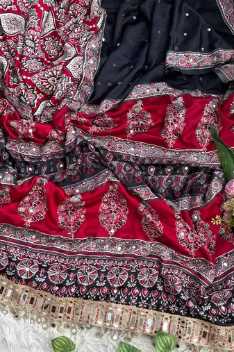 Red Color Ajarak Print And Real Mirror Work Silk Blend Saree