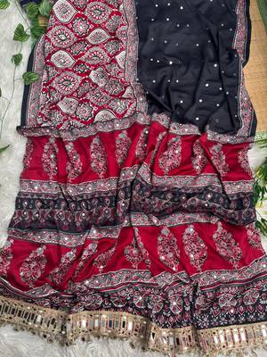 Red Color Ajarak Print And Real Mirror Work Silk Blend Saree 4