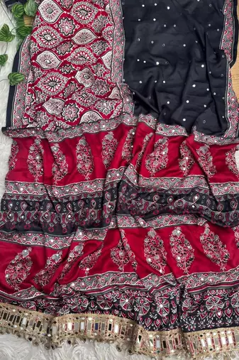 Red Color Ajarak Print And Real Mirror Work Silk Blend Saree