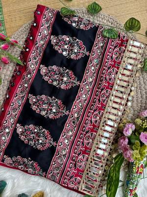 Red Color Ajarak Print And Real Mirror Work Silk Blend Saree 5
