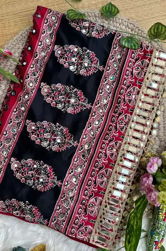 Red Color Ajarak Print And Real Mirror Work Silk Blend Saree
