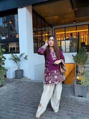 purple color thread embroidery work cotton kurti set 1