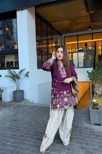 purple color thread embroidery work cotton kurti set