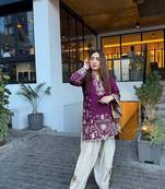 purple color thread embroidery work cotton kurti set