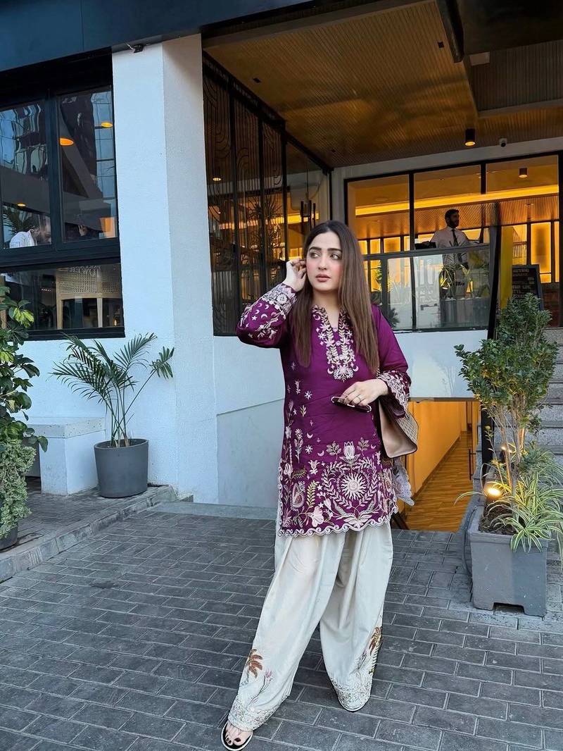 purple color thread embroidery work cotton kurti set