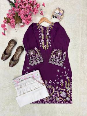 purple color thread embroidery work cotton kurti set 2