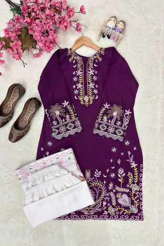 purple color thread embroidery work cotton kurti set