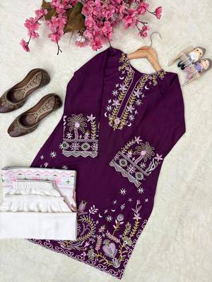 purple color thread embroidery work cotton kurti set 3