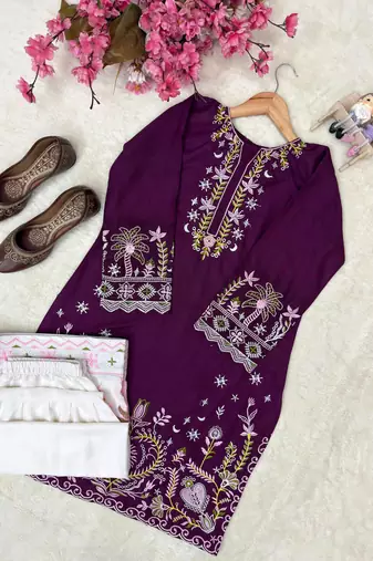 purple color thread embroidery work cotton kurti set