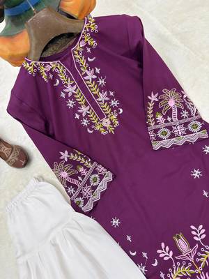 purple color thread embroidery work cotton kurti set 4