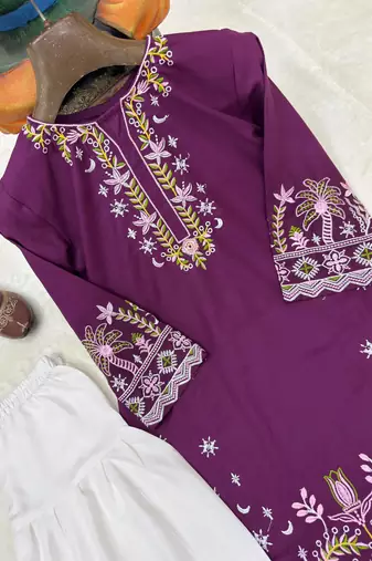 purple color thread embroidery work cotton kurti set