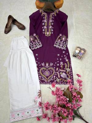 purple color thread embroidery work cotton kurti set 5