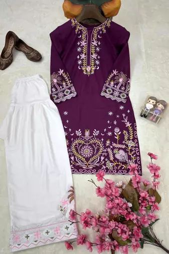 purple color thread embroidery work cotton kurti set