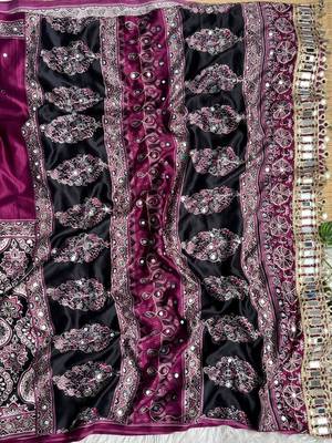 Wine Ajarak Print And Real Mirror Work Silk Blend Saree 1
