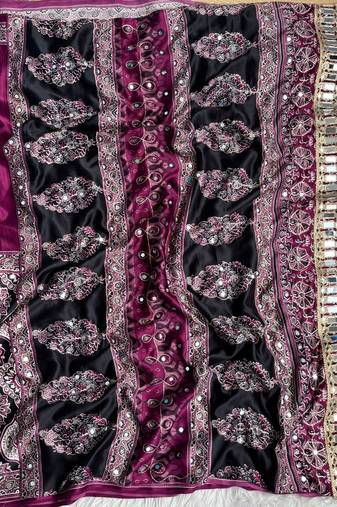 Wine Ajarak Print And Real Mirror Work Silk Blend Saree