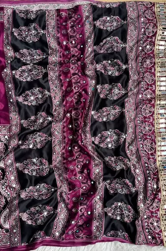 Wine Ajarak Print And Real Mirror Work Silk Blend Saree