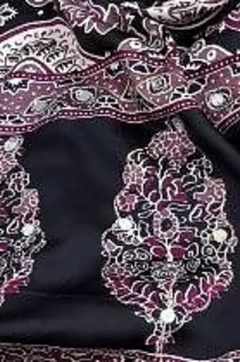 Wine Ajarak Print And Real Mirror Work Silk Blend Saree