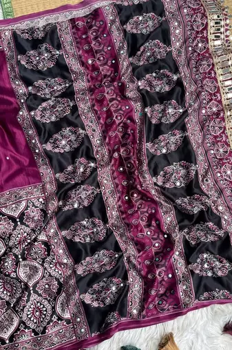 Wine Ajarak Print And Real Mirror Work Silk Blend Saree