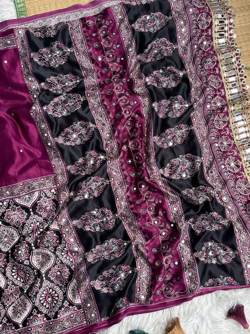 Wine Ajarak Print And Real Mirror Work Silk Blend Saree