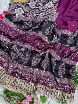 Wine Ajarak Print And Real Mirror Work Silk Blend Saree 4