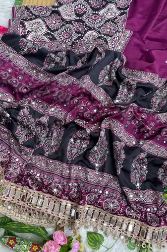 Wine Ajarak Print And Real Mirror Work Silk Blend Saree