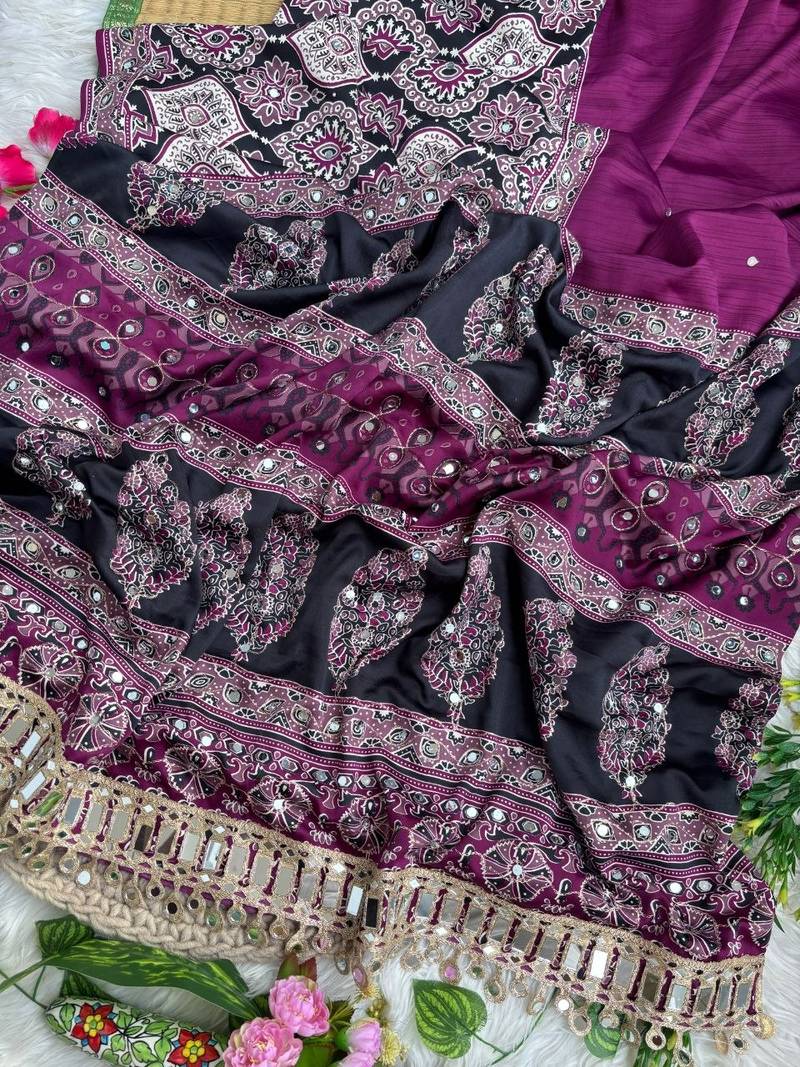 Wine Ajarak Print And Real Mirror Work Silk Blend Saree