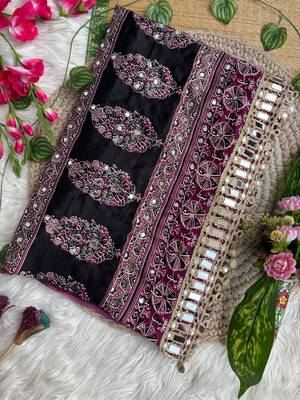 Wine Ajarak Print And Real Mirror Work Silk Blend Saree 5